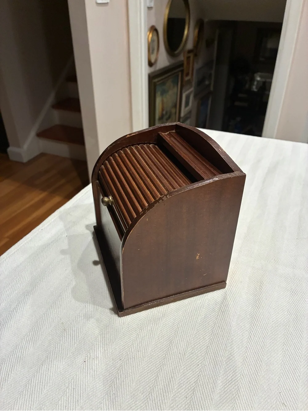 Vintage Wooden Rolled-Top Recipe Box in Dark Brown